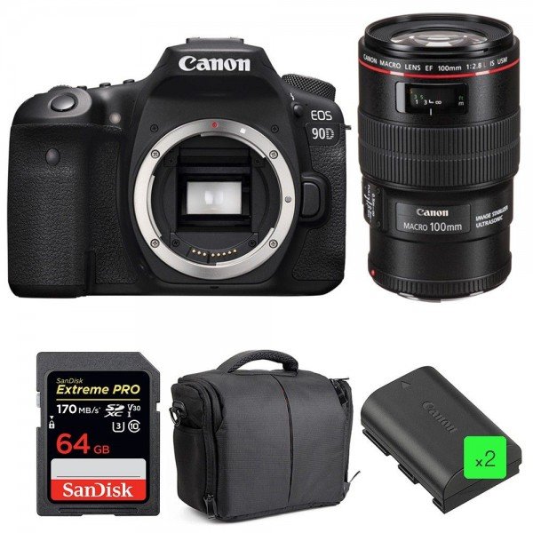 Canon EOS 90D + EF 100mm f/2.8L Macro IS USM + SanDisk 64GB UHS-I SDXC 170 MB/s + 2 LP-E6N + Bag|MCZ DIRECT