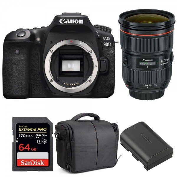 Canon EOS 90D + EF 24-70mm f/2.8L II USM + SanDisk 64GB Extreme PRO UHS-I SDXC 170 MB/s + LP-E6N + Bag|MCZ DIRECT