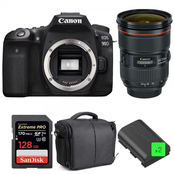 Canon EOS 90D + EF 24-70mm f/2.8L II USM + SanDisk 128GB Extreme PRO UHS-I SDXC 170 MB/s + 2 LP-E6N + Bag|MCZ DIRECT