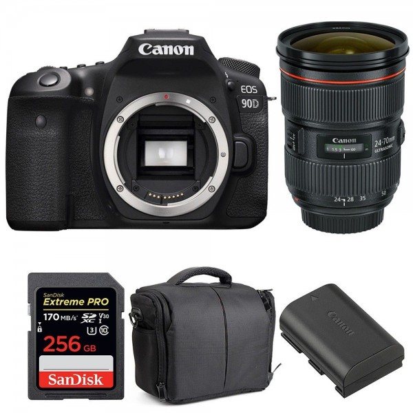 Canon EOS 90D + EF 24-70mm f/2.8L II USM + SanDisk 256GB Extreme PRO UHS-I SDXC 170 MB/s + LP-E6N + Bag|MCZ DIRECT