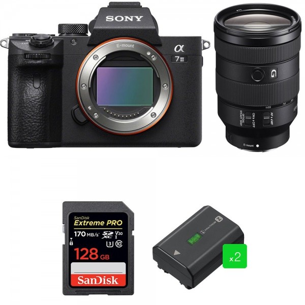 Cámara mirrorless Sony A7 III + FE 24-105 mm f/4 G OSS + SanDisk 128GB Extreme PRO UHS-I SDXC 170 MB/s + 2 NP-FZ100-1