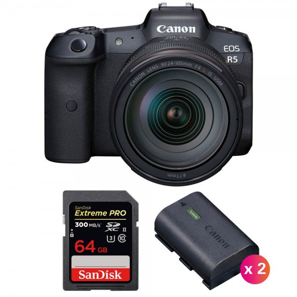 Canon EOS R5 + RF 24-105mm f/4L IS USM + SanDisk 64GB Extreme PRO UHS-II SDXC 300 MB/s + 2 Canon LP-E6NH - Cámara mirrorless|MCZ DIRECT