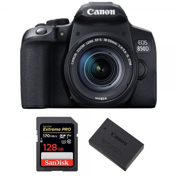 Appareil photo Reflex Canon 850D + EF-S 18-55mm F4-5.6 IS STM + SanDisk 128GB Extreme UHS-I SDXC 170 MB/s + Canon LP-E17-1