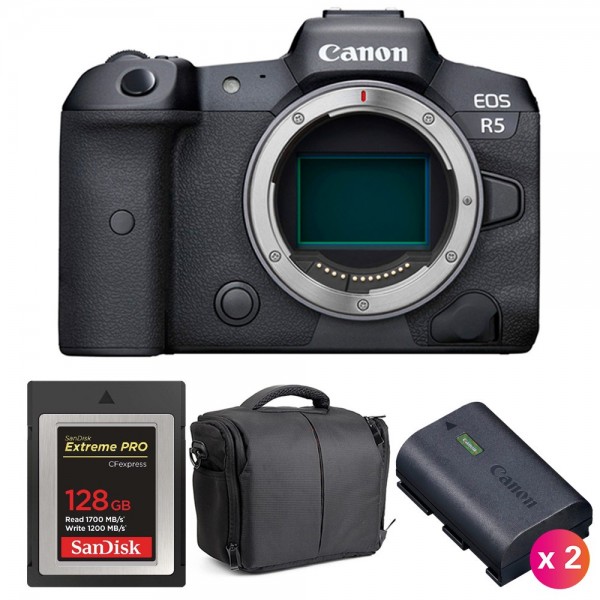 Canon EOS R5 Body + SanDisk 128GB Extreme PRO CFexpress Type B + 2 Canon LP-E6NH + Bag-1