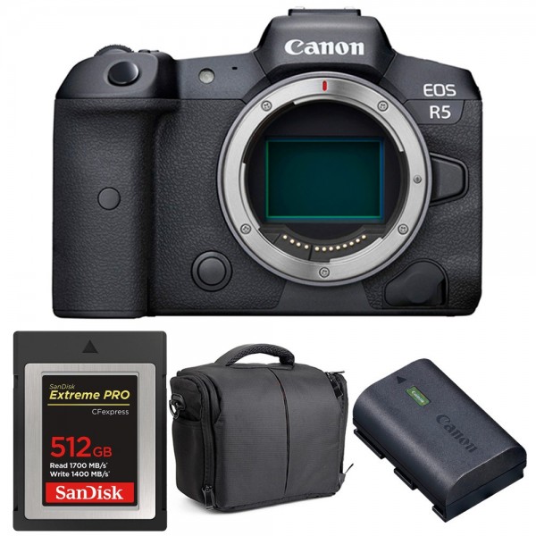 Canon EOS R5 Cuerpo + SanDisk 512GB Extreme PRO CFexpress Type B + Canon LP-E6NH + Bolsa - Cámara mirrorless|MCZ DIRECT