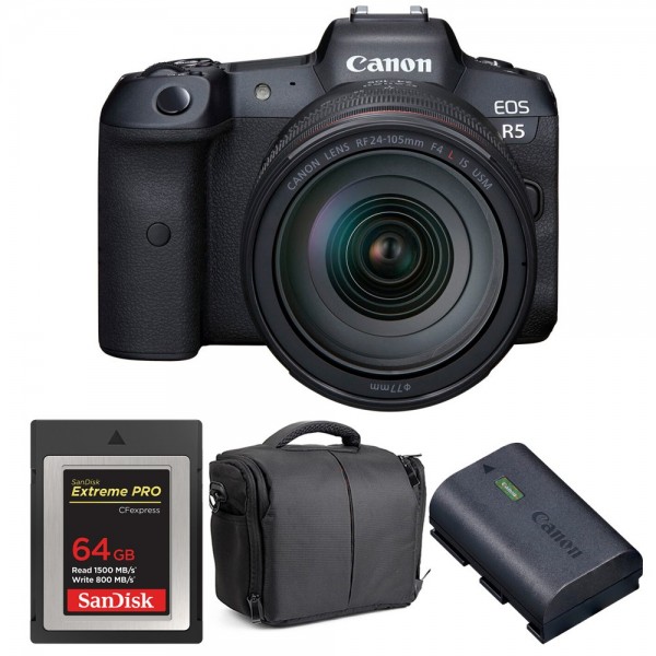 Canon R5 + RF 24-105mm F4L IS USM + SanDisk 64GB Extreme PRO CFexpress Type B + LP-E6NH + Sac - Appareil Photo Professionnel|MCZ DIRECT