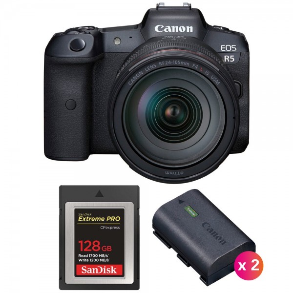 Canon EOS R5 + RF 24-105mm f/4L IS USM + SanDisk 128GB Extreme PRO CFexpress Type B + 2 Canon LP-E6NH - Cámara mirrorless|MCZ DIRECT