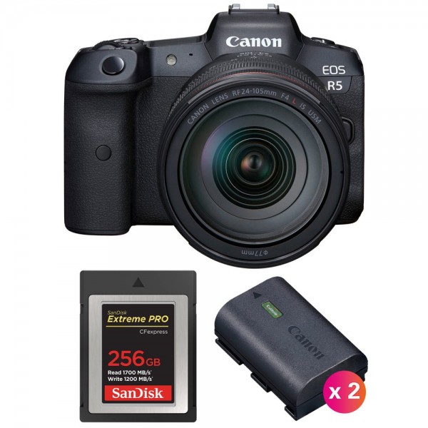 Canon EOS R5 + RF 24-105mm f/4L IS USM + SanDisk 256GB Extreme PRO CFexpress Type B + 2 Canon LP-E6NH - Cámara mirrorless|MCZ DIRECT