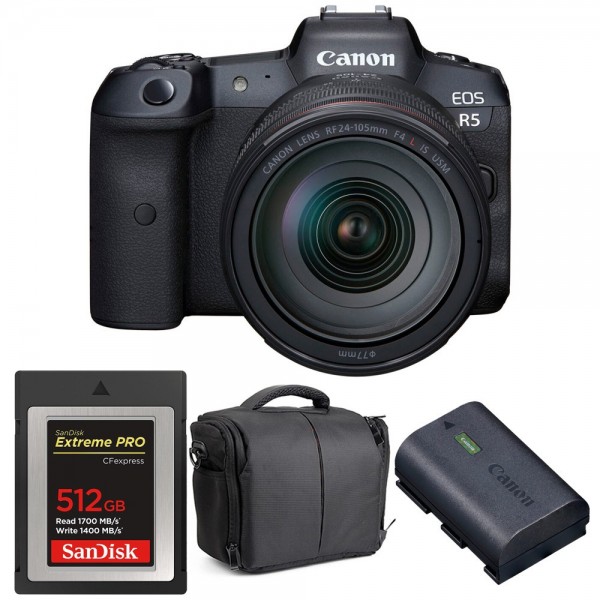 Canon EOS R5 + RF 24-105mm f/4L IS USM + SanDisk 512GB Extreme PRO CFexpress Type B + LP-E6NH + Bag|MCZ DIRECT