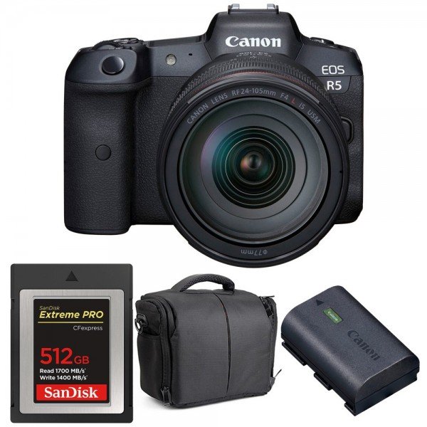 Canon EOS R5 + RF 24-105mm f/4L IS USM + SanDisk 512GB Extreme PRO CFexpress Type B + LP-E6NH + Bolsa - Cámara mirrorless|MCZ DIRECT