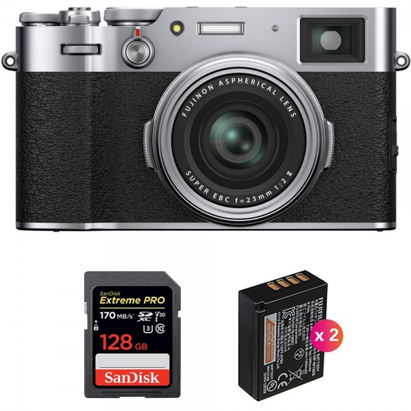 Fujifilm X100V Silver + SanDisk 128GB Extreme Pro UHS-I SDXC 170 MB/s + 2 Fujifilm NP-W126S - Appareil Compact Expert-1