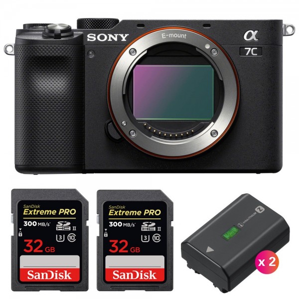 Sony A7C Nu Noir + 2 SanDisk 32GB Extreme PRO UHS-II SDXC 300 MB/s + 2 Sony NP-FZ100 - Appareil Photo Hybride|MCZ DIRECT