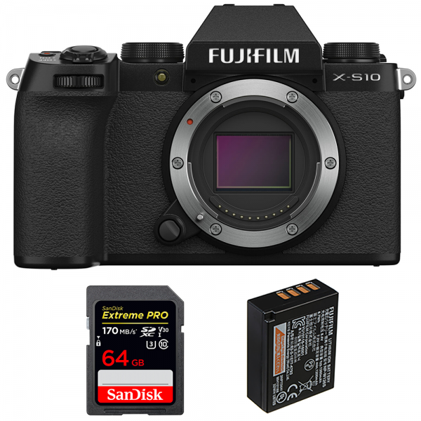 Appareil photo hybride Fujifilm X-S10 ( XS10 ) Nu + SanDisk 64GB Extreme Pro UHS-I SDXC 170 MB/s + Fujifilm NP-W126S-1