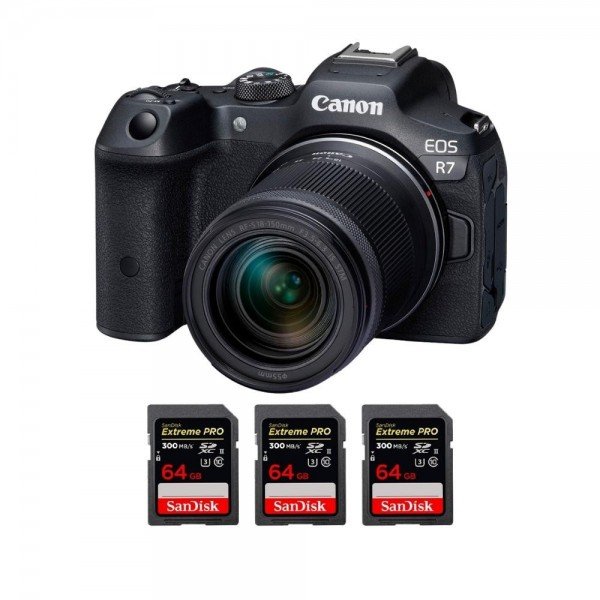 Canon EOS R7 + RF-S 18-150mm STM + 3 SanDisk 64GB Extreme PRO UHS-II SDXC 300 MB/s - Cámara mirrorless|MCZ DIRECT