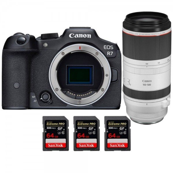 Canon EOS R7 + RF 100-500mm F4.5-7.1 L IS USM + 3 SanDisk 64GB Extreme PRO UHS-II SDXC 300 MB/s - Cámara mirrorless|MCZ DIRECT