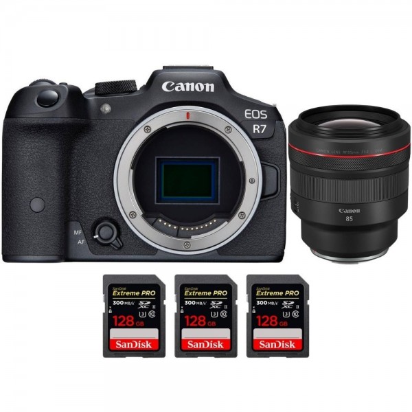 Canon EOS R7 + RF 85mm F1.2 L USM + 3 SanDisk 128GB Extreme PRO UHS-II SDXC 300 MB/s - Cámara mirrorless|MCZ DIRECT