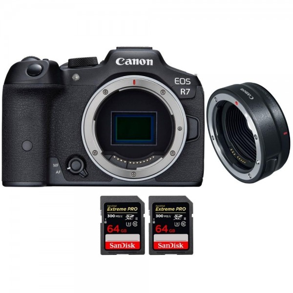 Canon EOS R7 + EF-EOS R + 2 SanDisk 64GB Extreme PRO UHS-II SDXC 300 MB/s - Cámara fotográfica híbrida|MCZ DIRECT