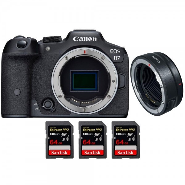 Canon EOS R7 + EF-EOS R + 3 SanDisk 64GB Extreme PRO UHS-II SDXC 300 MB/s - Cámara fotográfica híbrida-1