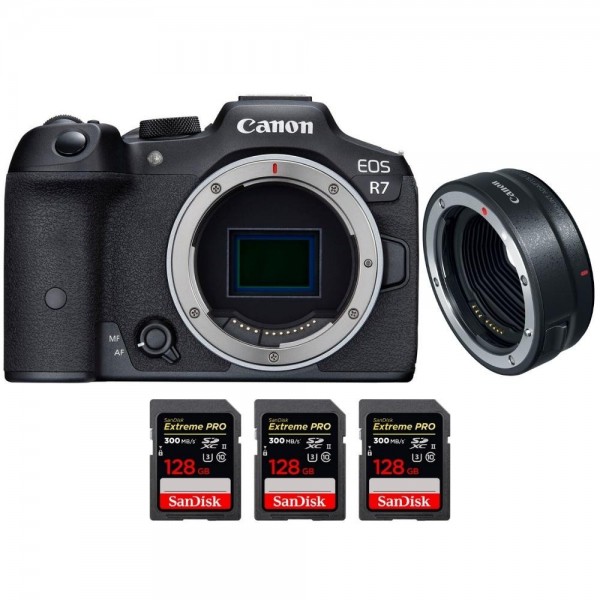 Canon EOS R7 + EF-EOS R + 3 SanDisk 128GB Extreme PRO UHS-II SDXC 300 MB/s - Cámara mirrorless|MCZ DIRECT