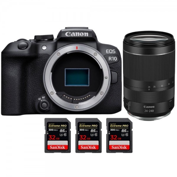 Canon EOS R10 + RF 24-240mm F4-6.3 IS USM + 3 SanDisk 32GB Extreme PRO UHS-II SDXC 300 MB/s - Cámara evil APS-C|MCZ DIRECT