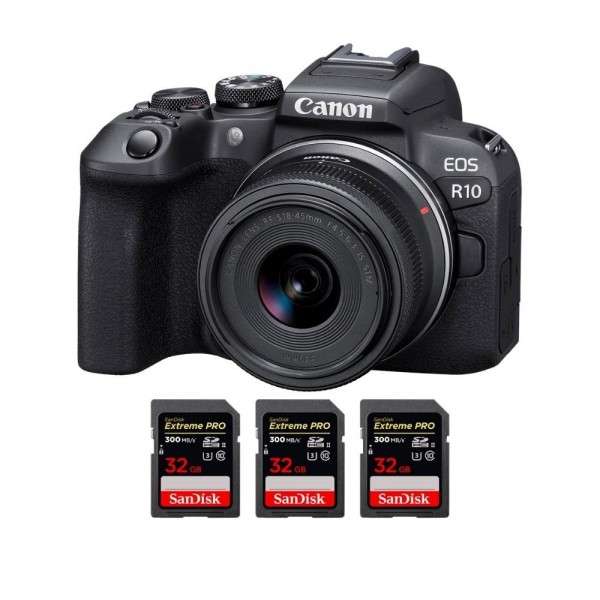 Canon EOS R10 + RF-S 18-45mm F4.5-6.3 IS STM + 3 SanDisk 32GB Extreme PRO UHS-II SDXC 300 MB/s - Cámara evil APS-C|MCZ DIRECT