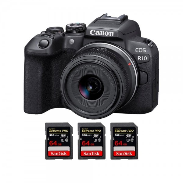 Canon EOS R10 + RF-S 18-45mm F4.5-6.3 IS STM + 3 SanDisk 64GB Extreme PRO UHS-II SDXC 300 MB/s - Cámara evil APS-C|MCZ DIRECT