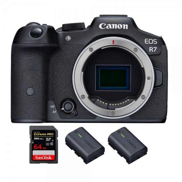 Canon EOS R7 + 1 SanDisk 64 GB Extreme PRO UHS-II SDXC 300 MB/s + 2 Canon LP-E6NH - Dispositivo fotográfico híbrido-1