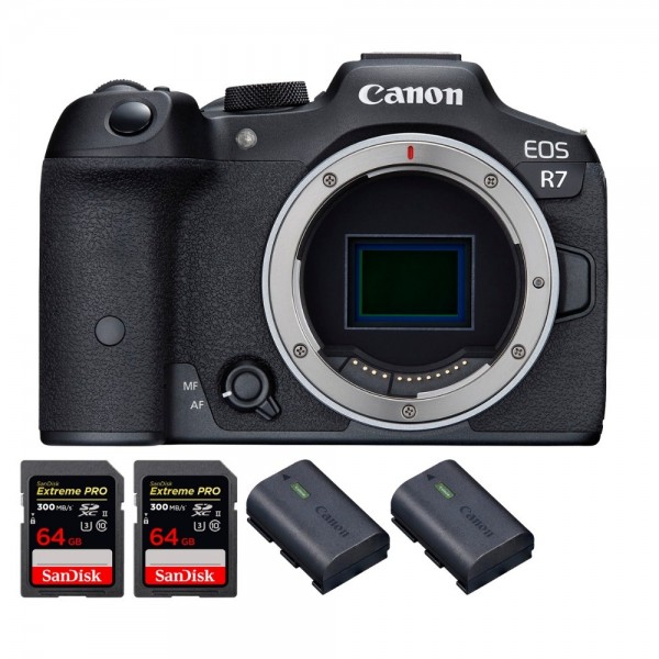 Canon EOS R7 + 2 SanDisk 64GB Extreme PRO UHS-II SDXC 300 MB/s + 2 Canon LP-E6NH - Appareil Photo Hybride|MCZ DIRECT