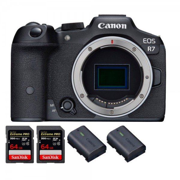 Canon EOS R7 + 2 SanDisk 64 GB Extreme PRO UHS-II SDXC 300 MB/s + 2 Canon LP-E6NH - Dispositivo fotográfico híbrido-1