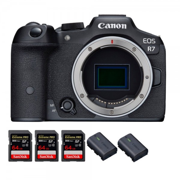 Canon EOS R7 + 3 SanDisk 64GB Extreme PRO UHS-II SDXC 300 MB/s + 2 Canon LP-E6NH - Appareil Photo Hybride|MCZ DIRECT