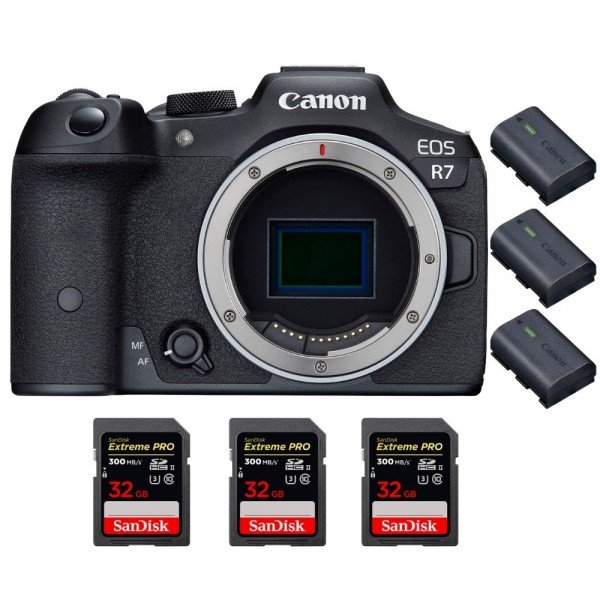 Canon EOS R7 + 3 SanDisk 32GB Extreme PRO UHS-II SDXC 300 MB/s + 3 Canon LP-E6NH - Appareil Photo Hybride|MCZ DIRECT