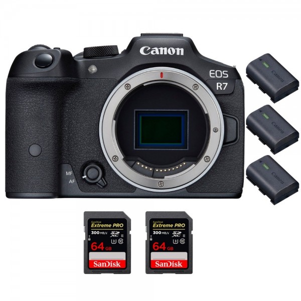 Canon EOS R7 + 2 SanDisk 64GB Extreme PRO UHS-II SDXC 300 MB/s + 3 Canon LP-E6NH - Cámara mirrorless|MCZ DIRECT