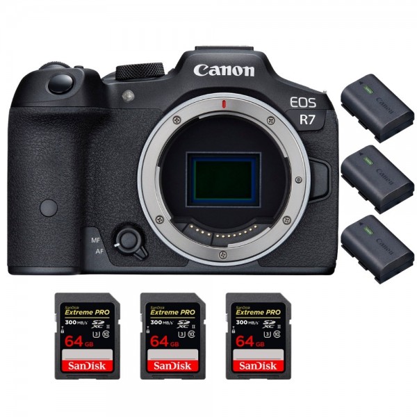 Canon EOS R7 + 3 SanDisk 64 GB Extreme PRO UHS-II SDXC 300 MB/s + 3 Canon LP-E6NH - Dispositivo fotográfico híbrido-1