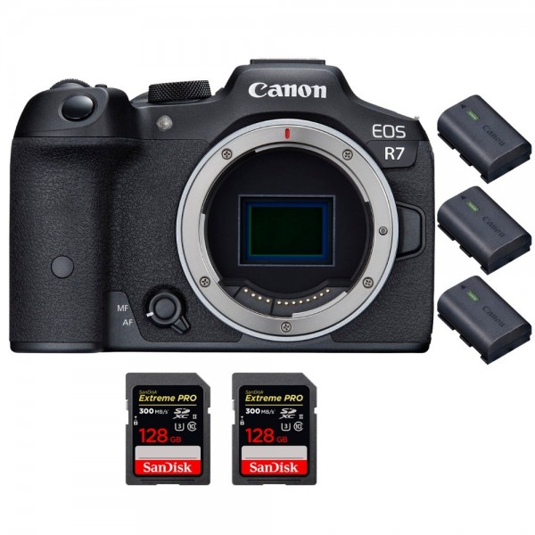 Canon EOS R7 + 2 SanDisk 128GB Extreme PRO UHS-II SDXC 300 MB/s + 3 Canon LP-E6NH - Appareil Photo Hybride|MCZ DIRECT