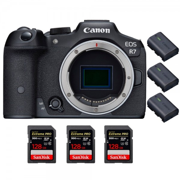 Canon EOS R7 + 3 SanDisk 128GB Extreme PRO UHS-II SDXC 300 MB/s + 3 Canon LP-E6NH - Cámara mirrorless|MCZ DIRECT