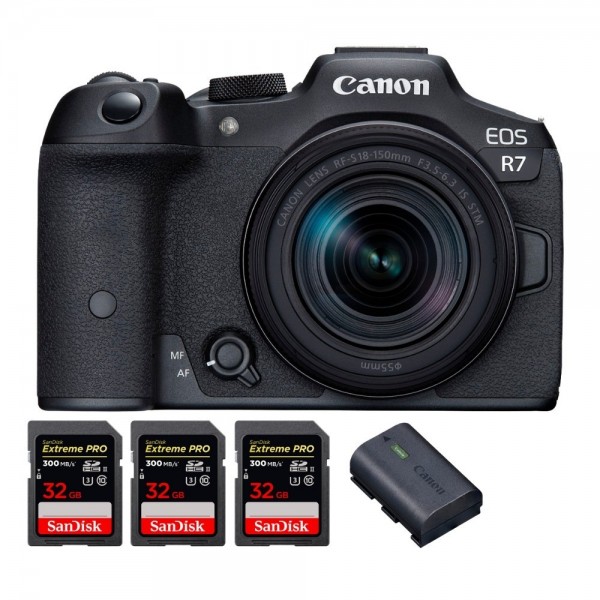 Canon EOS R7 + RF-S 18-150mm STM + 3 SanDisk 32GB Extreme PRO UHS-II SDXC 300 MB/s + 1 Canon LP-E6NH - Cámara mirrorless|MCZ DIRECT