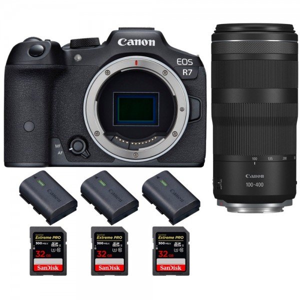 Canon EOS R7 + RF 100-400mm IS + 3 SanDisk 32GB Extreme PRO UHS-II SDXC 300 MB/s + 3 Canon LP-E6NH - Cámara mirrorless|MCZ DIRECT