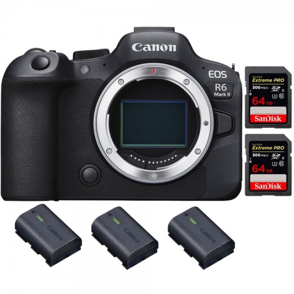 Canon EOS R6 Mark II + 2 SanDisk 64GB Extreme PRO UHS-II 300 MB/s + 3 Canon  LP-E6NH - Full Frame Mirrorless Camera