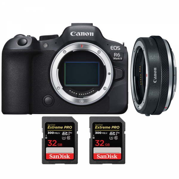 Canon EOS R6 Mark II + Canon EF-EOS R Premium + 2 SanDisk 32GB Extreme PRO UHS-II SDXC 300 MB/s - Appareil Photo Hybride|MCZ DIRECT