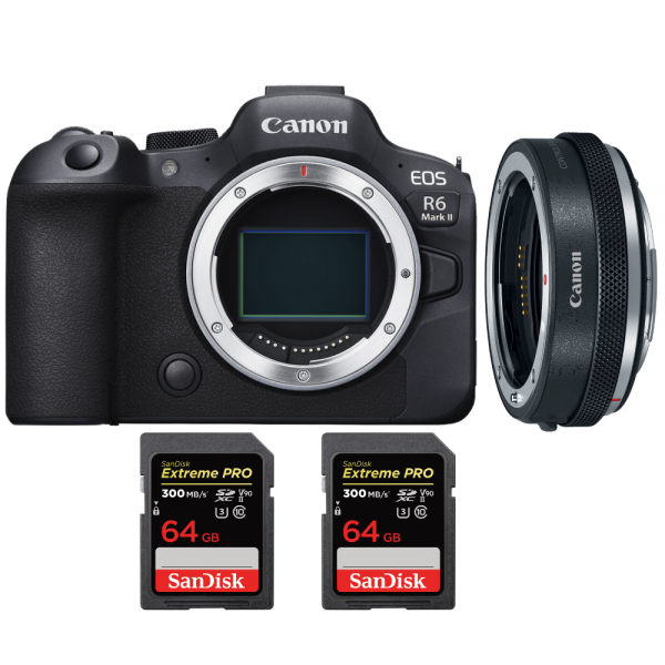 Canon EOS R6 Mark II + Canon EF-EOS R Premium + 2 SanDisk 64GB Extreme PRO UHS-II SDXC 300 MB/s - Appareil Photo Hybride|MCZ DIRECT