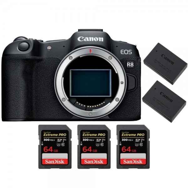 Canon EOS R8 + 3 SanDisk 64GB Extreme PRO UHS-II SDXC 300 MB/s + 2 Canon LP-E17 - Appareil Photo Hybride|MCZ DIRECT