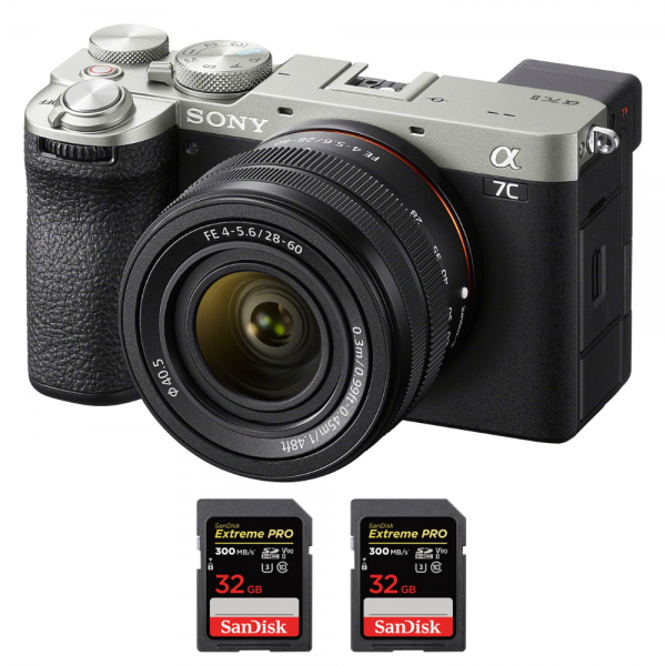 Sony A7C II Silver + FE 28-60mm f/4-5.6 + 2 SanDisk 32GB Extreme PRO UHS-II SDXC 300 MB/s - Appareil Photo Hybride|MCZ DIRECT