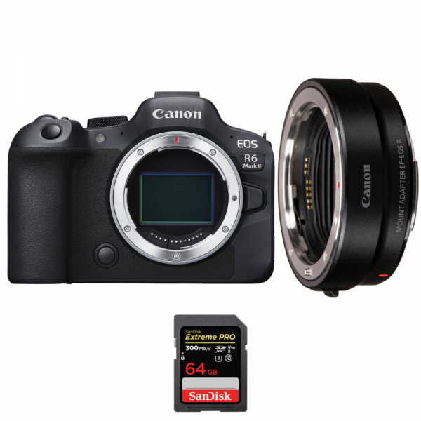 Canon EOS R6 Mark II + EF-EOS R + 1 SanDisk 64GB Extreme PRO UHS-II SDXC 300 MB/s - Cámara fotográfica híbrida|MCZ DIRECT